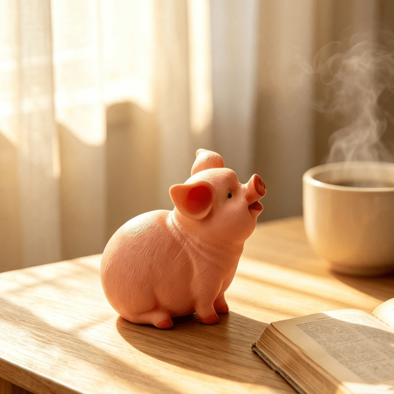 Tirelire cochon rieur en résine rose, douze centimètres de large