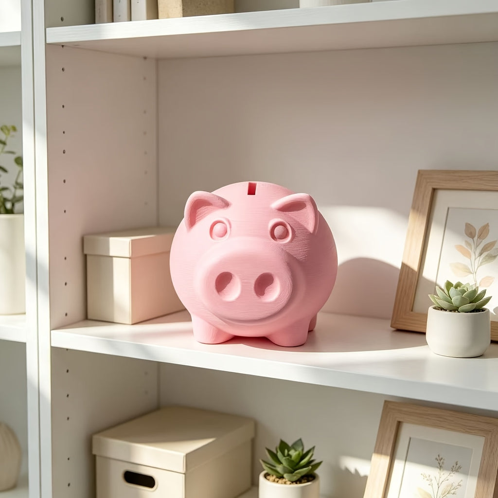 Tirelire cochon rose pâle en plastique, bouchon dessous, 10 cm