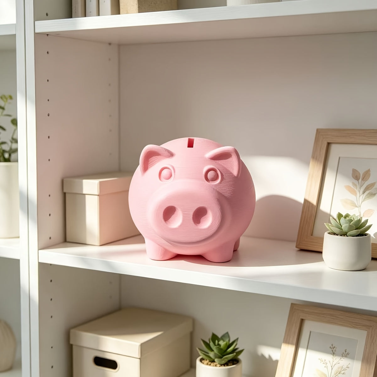 Tirelire cochon rose pâle en plastique, bouchon dessous, 10 cm