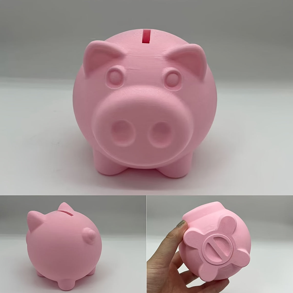 Tirelire cochon rose pâle en plastique, bouchon dessous, 10 cm