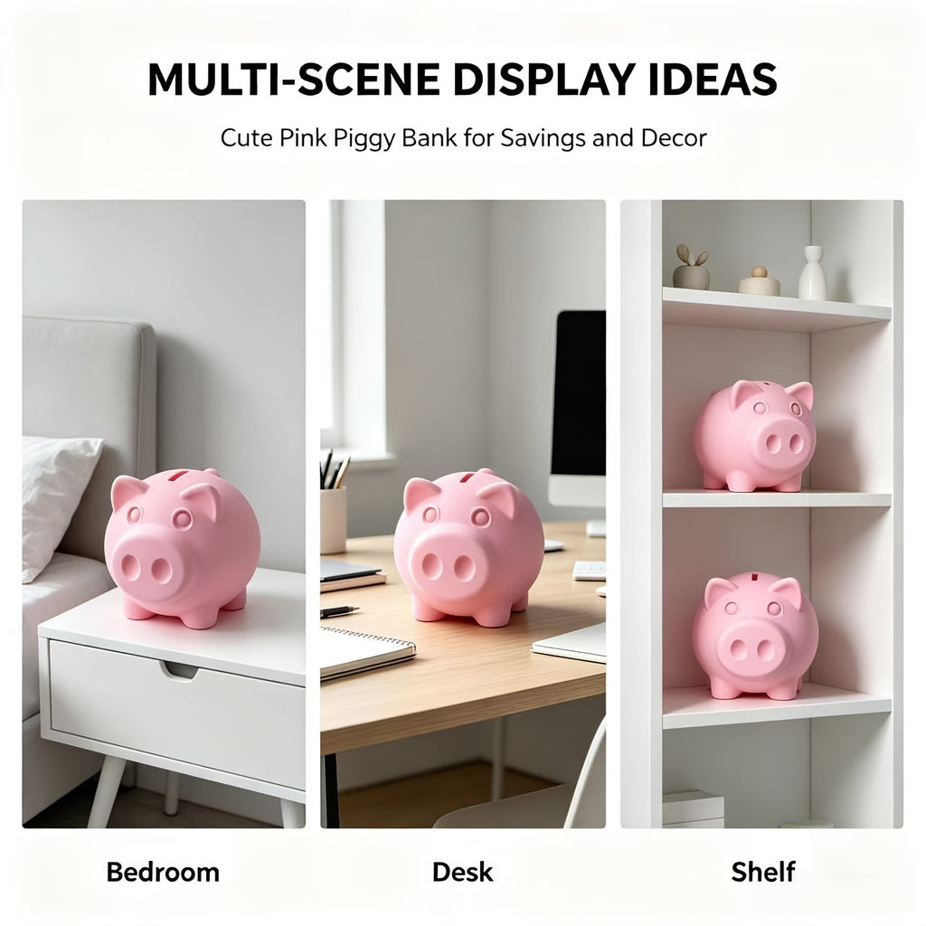 Tirelire cochon rose pâle en plastique, bouchon dessous, 10 cm