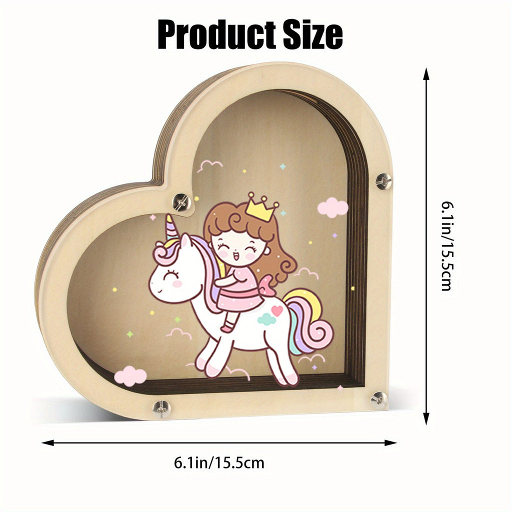 Tirelire cœur en bois à fenêtre acrylique — Licorne pastel