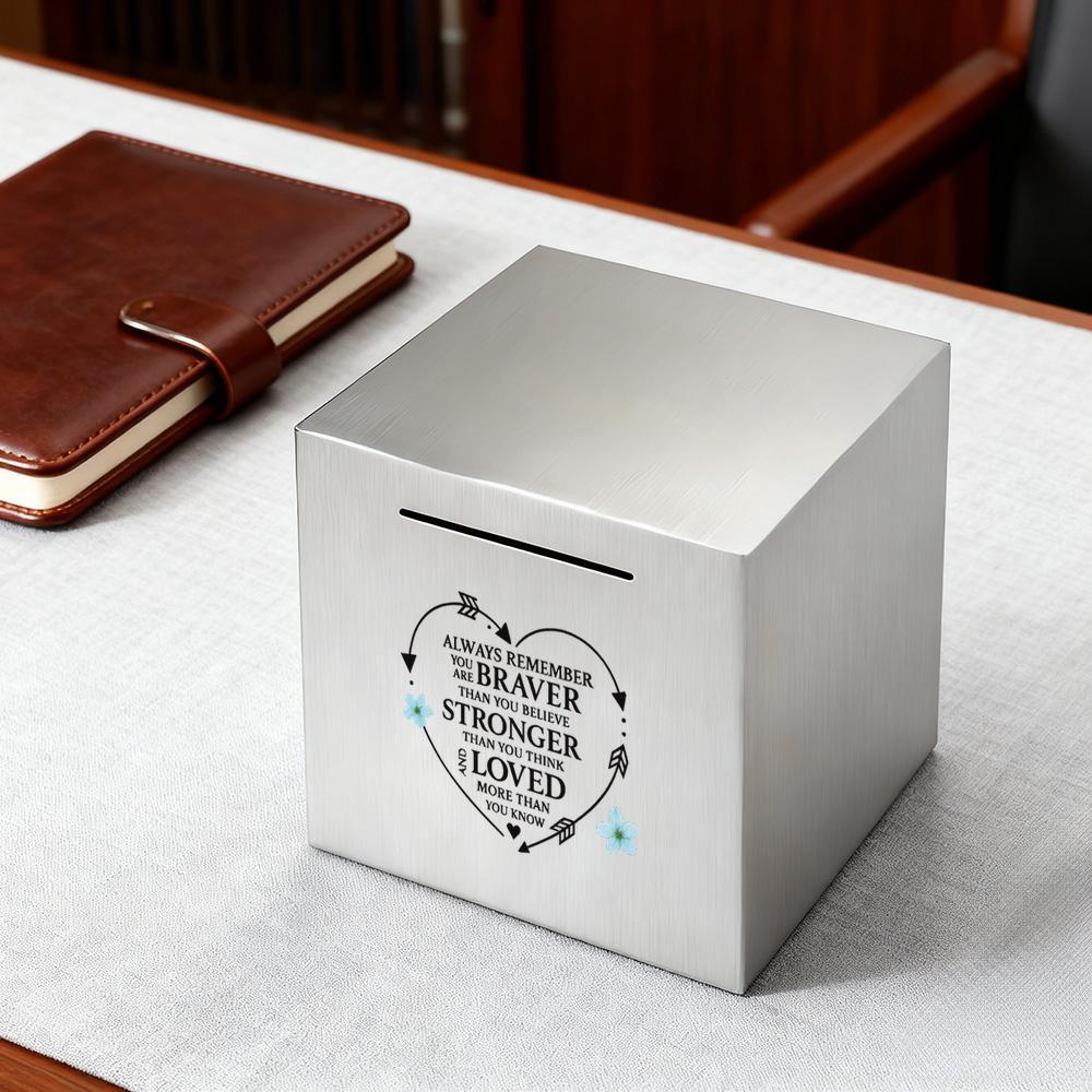 Tirelire coffre en acier inoxydable — Cube scellé de 12 cm