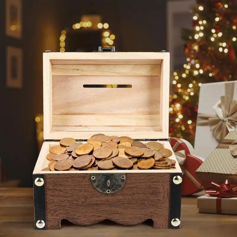 Tirelire coffre en bois vintage, fente à pièces et cadenas