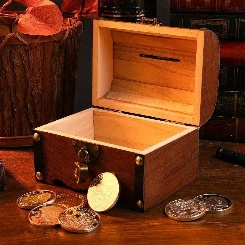 Tirelire coffre en bois vintage, fente à pièces et cadenas