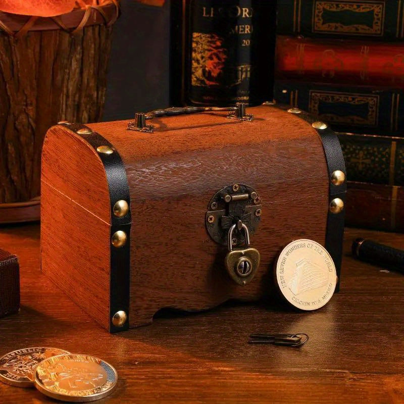 Tirelire coffre en bois vintage, fente à pièces et cadenas