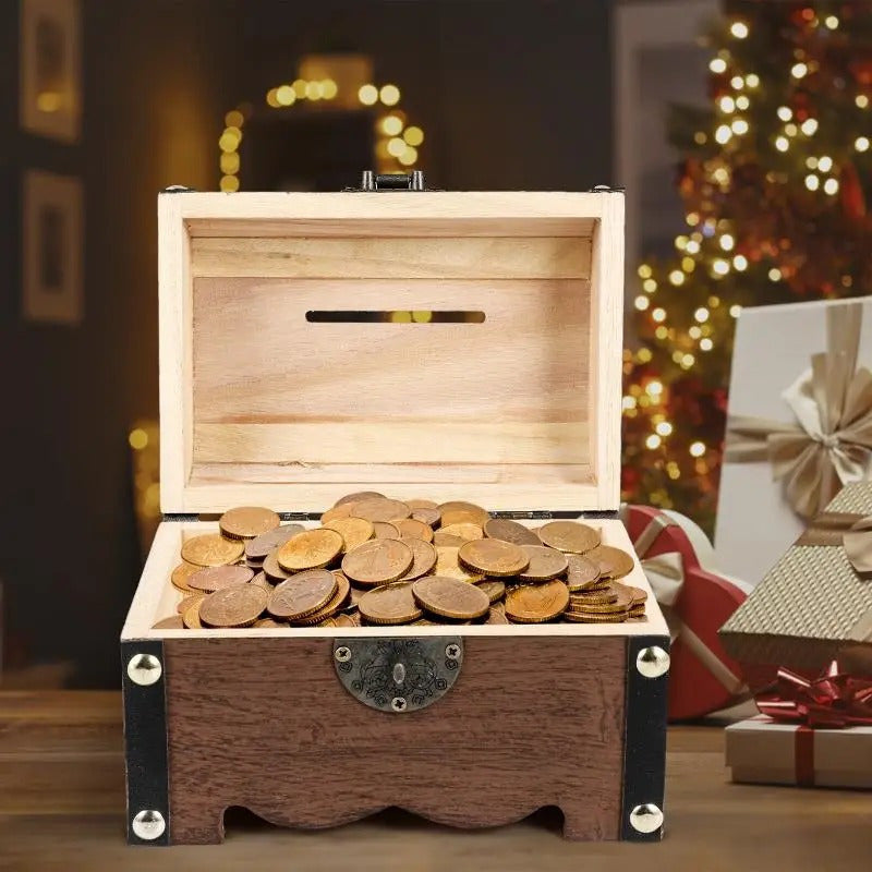 Tirelire coffre en bois vintage, fente à pièces et cadenas