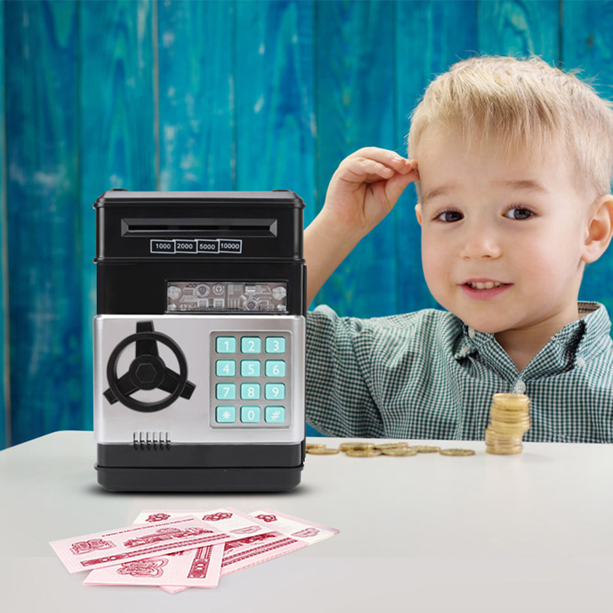 Tirelire coffre-fort à code pour enfant — billets et pièces