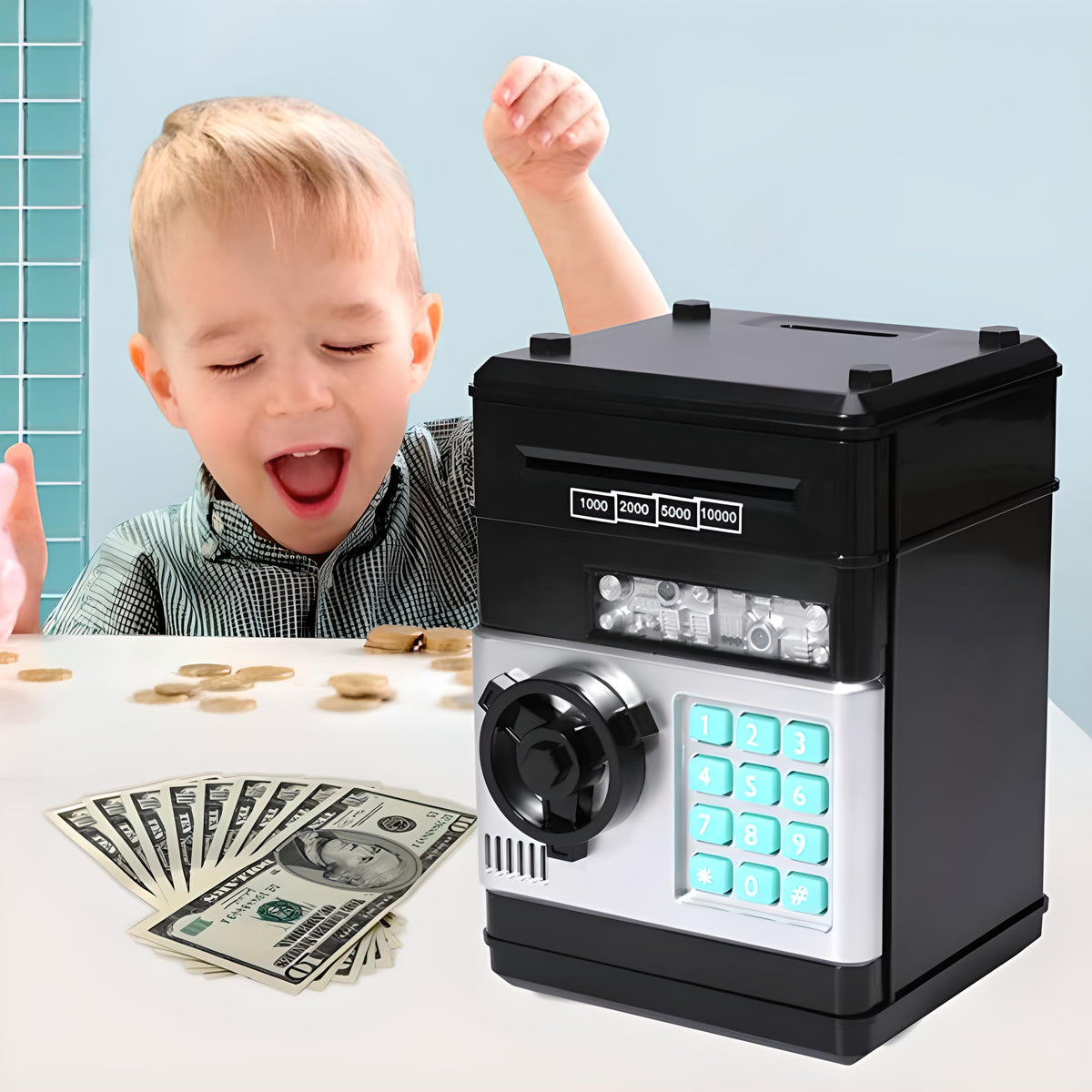 Tirelire coffre-fort à code pour enfant — billets et pièces