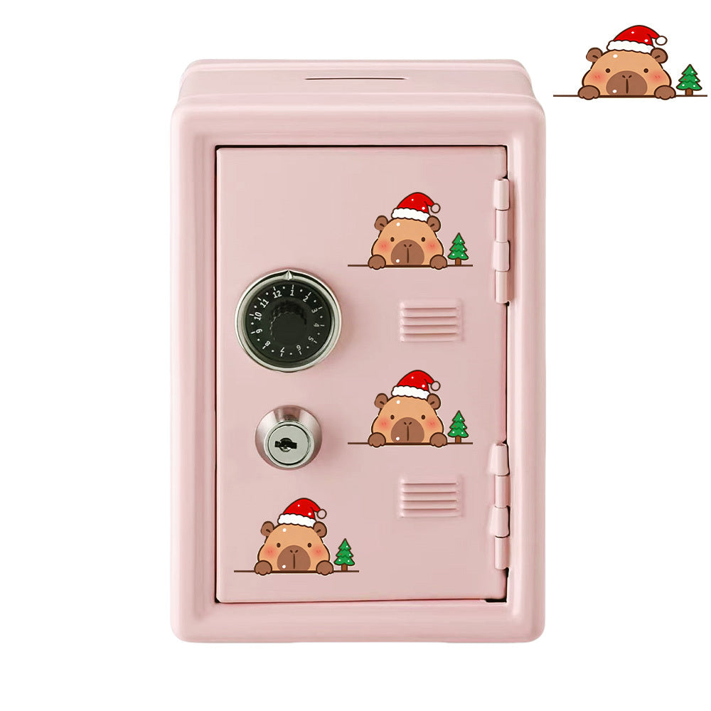 Tirelire coffre-fort en métal rose, capybaras de Noël, 19 cm