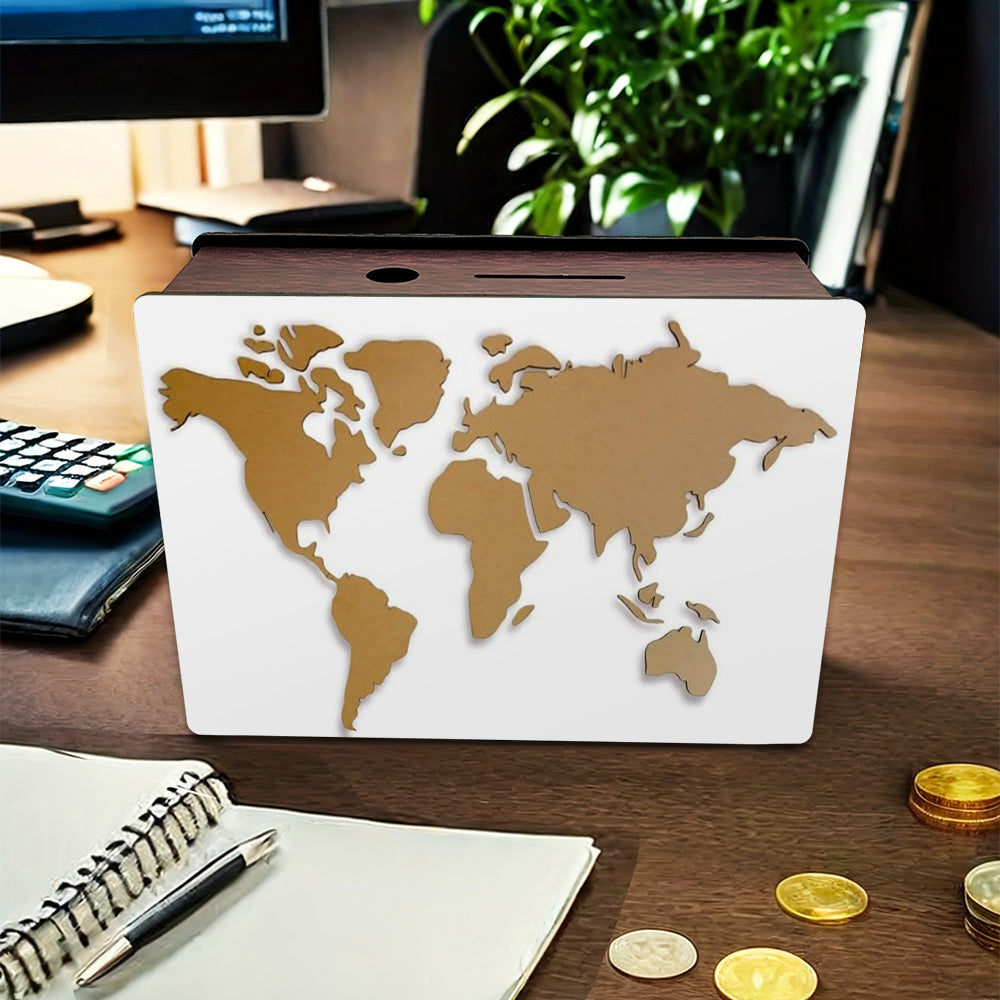 Tirelire coffret bois, carte du monde couleur kraft