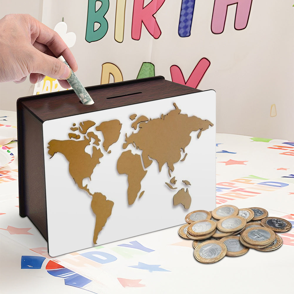 Tirelire coffret bois, carte du monde couleur kraft
