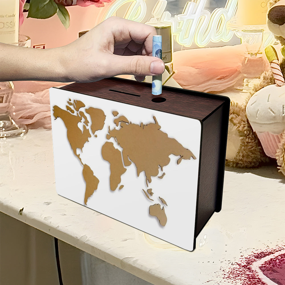 Tirelire coffret bois, carte du monde couleur kraft