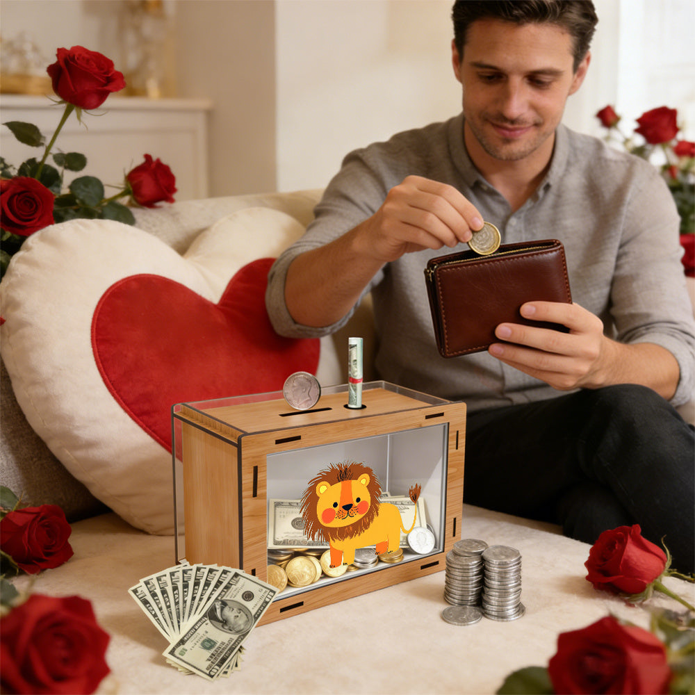 Tirelire coffret en bois à monter — vitrine et lionceau 2D