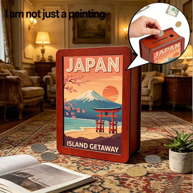 Tirelire coffret bois motif affiche du Mont Fuji