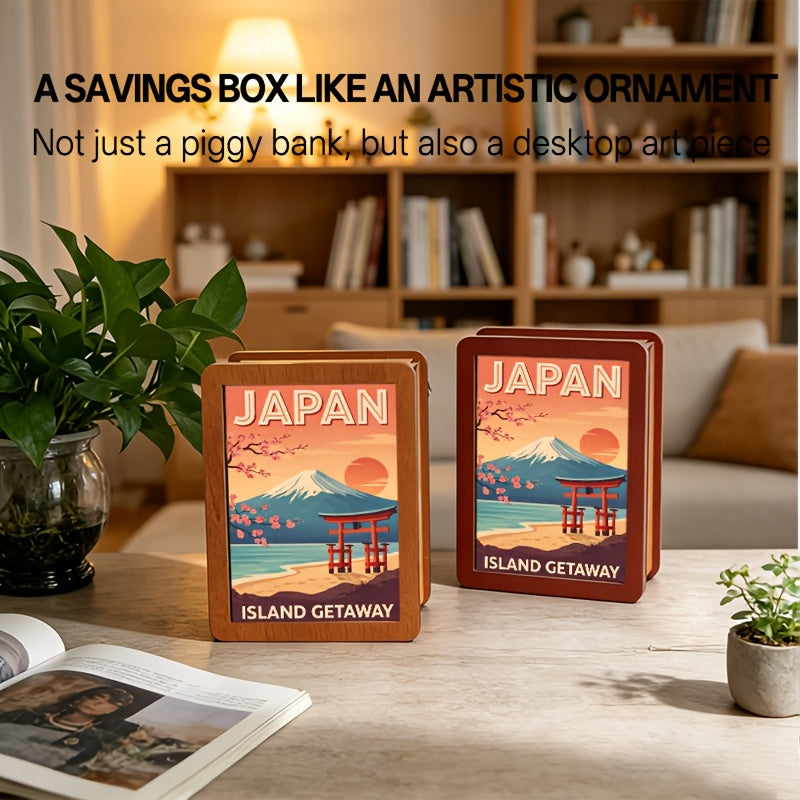 Tirelire coffret bois motif affiche du Mont Fuji