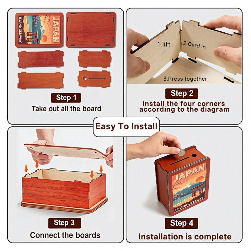 Tirelire coffret bois motif affiche du Mont Fuji