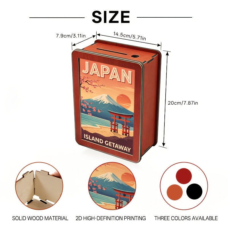 Tirelire coffret bois motif affiche du Mont Fuji