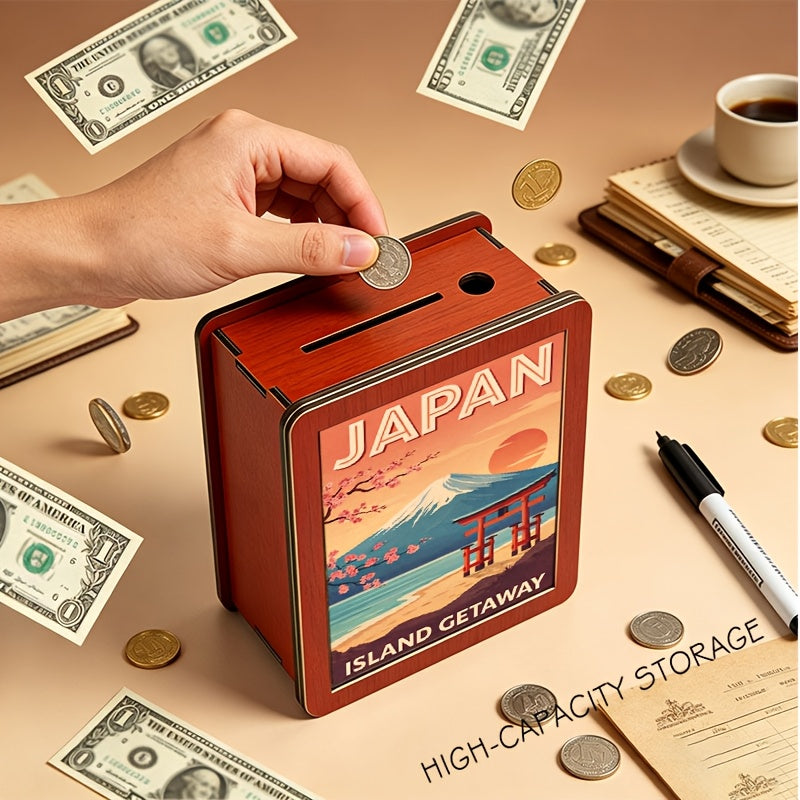 Tirelire coffret bois motif affiche du Mont Fuji