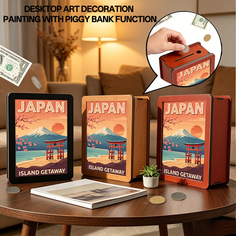 Tirelire coffret bois motif affiche du Mont Fuji