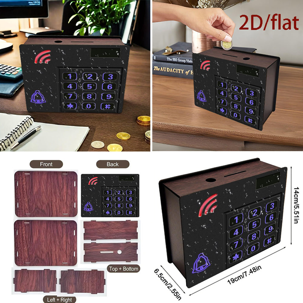 Tirelire coffret bois, clavier rétroéclairé imprimé