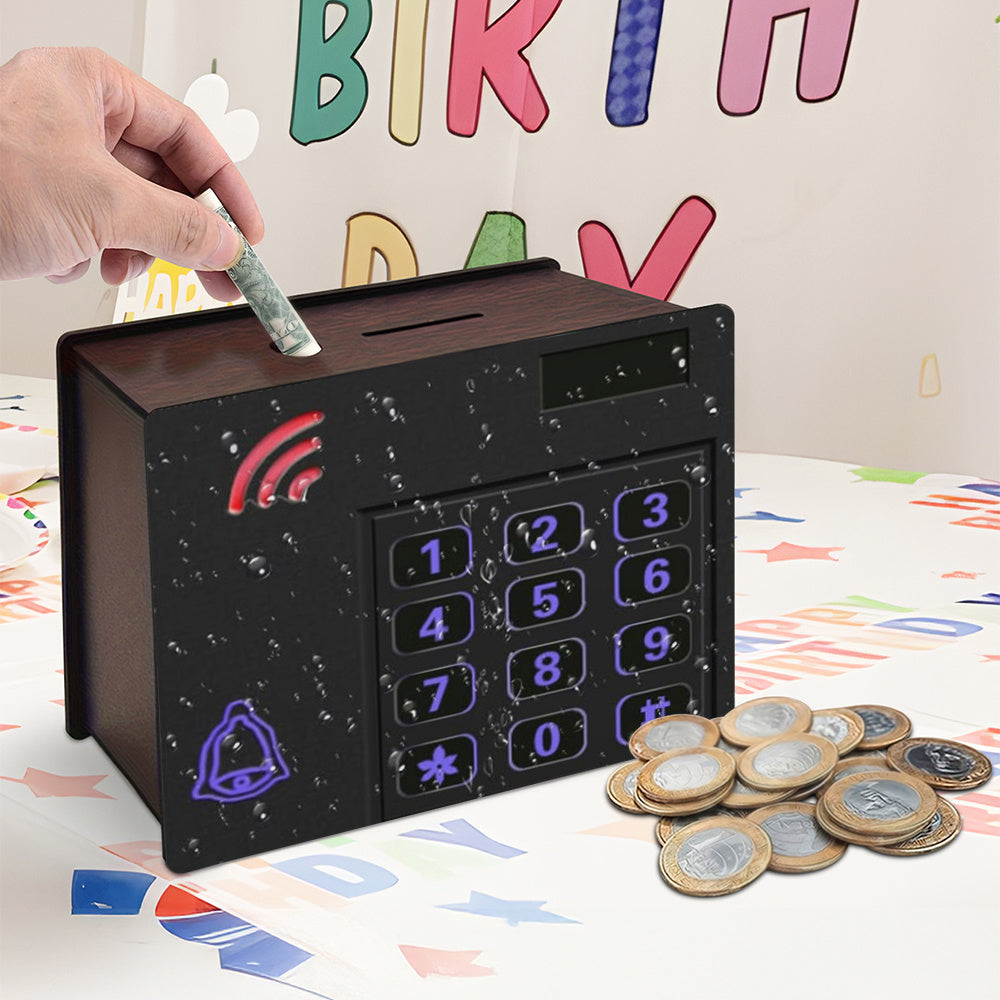Tirelire coffret bois, clavier rétroéclairé imprimé