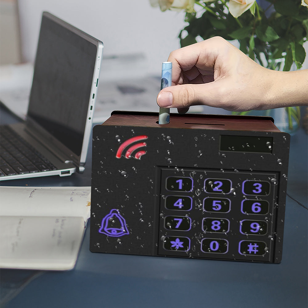 Tirelire coffret bois, clavier rétroéclairé imprimé