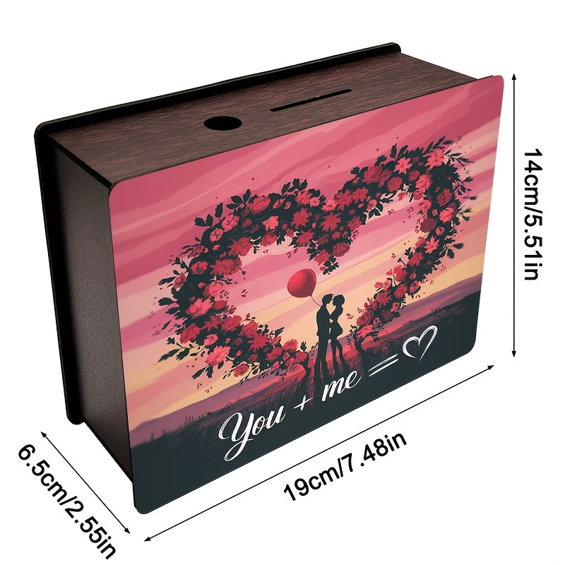 Tirelire coffret en bois à cœur fleuri pour duo amoureux