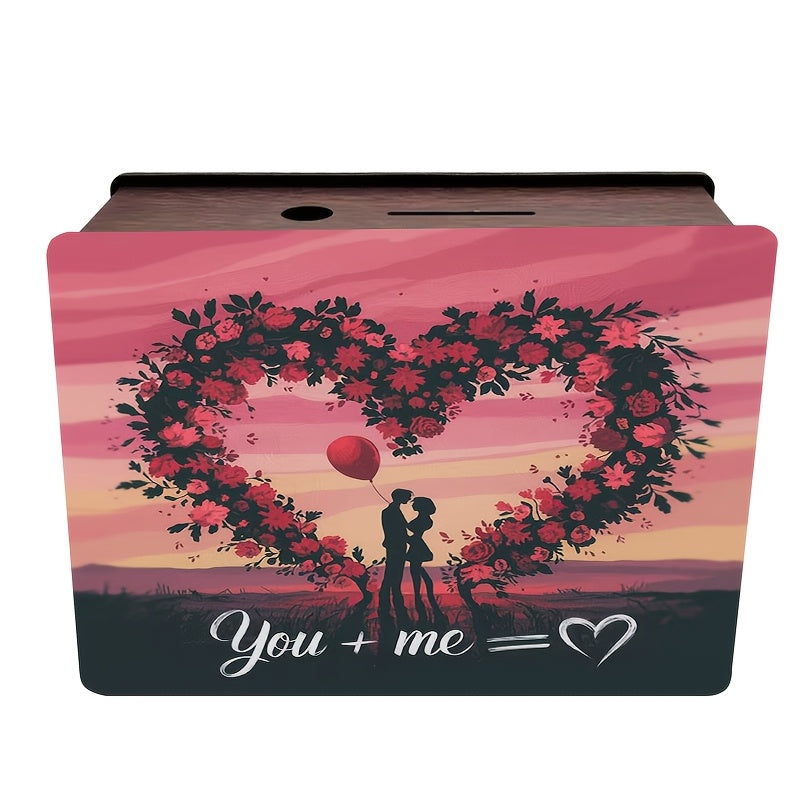 Tirelire coffret en bois à cœur fleuri pour duo amoureux