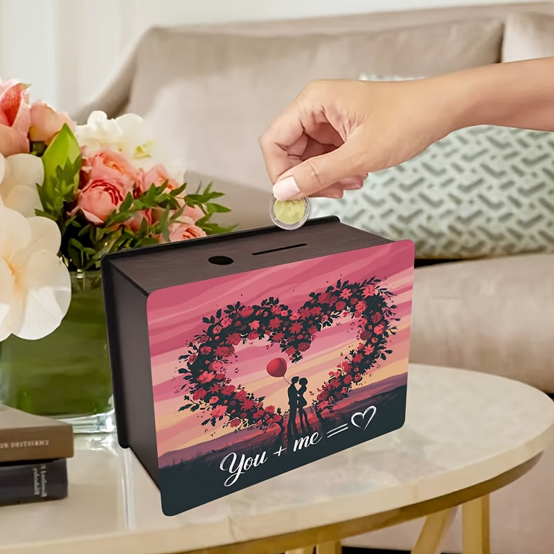Tirelire coffret en bois à cœur fleuri pour duo amoureux