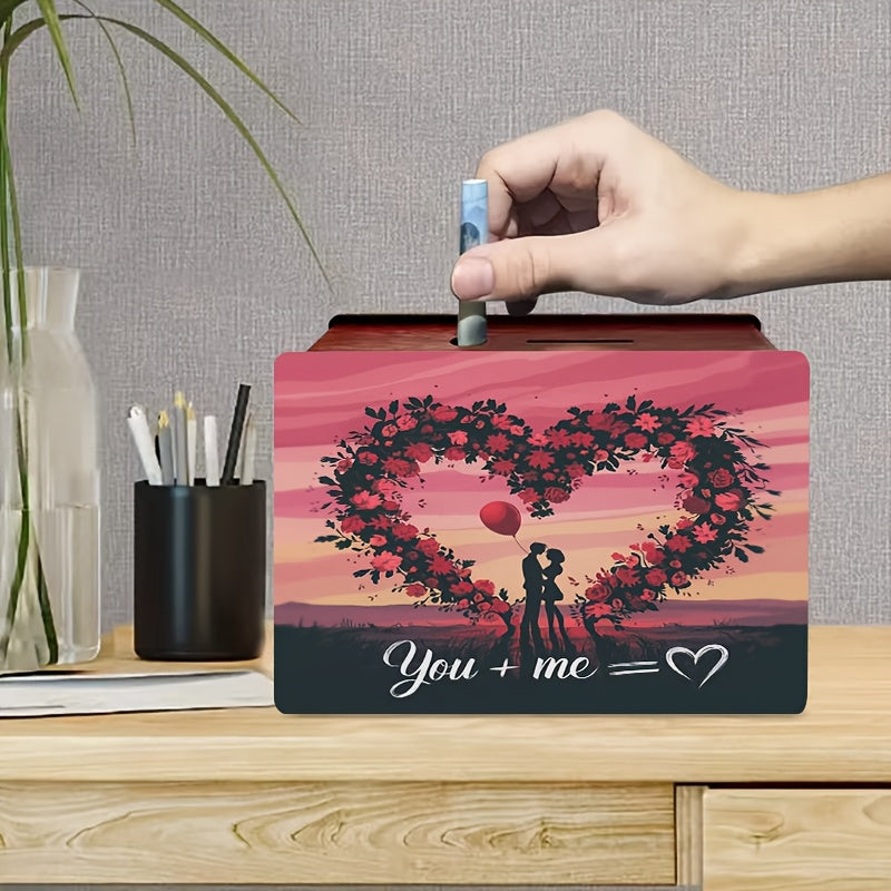 Tirelire coffret en bois à cœur fleuri pour duo amoureux