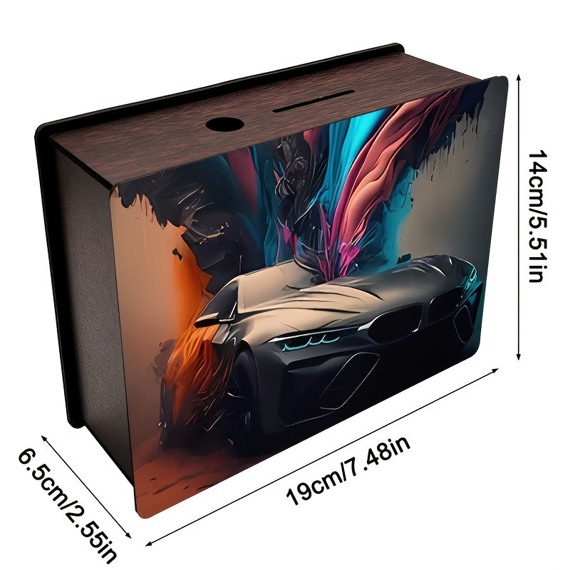 Tirelire coffret en bois, coupé sombre et fumées colorées