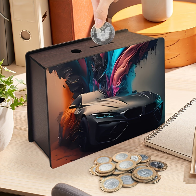 Tirelire coffret en bois, coupé sombre et fumées colorées