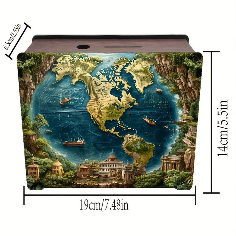Tirelire coffret en bois, globe peint en relief, large