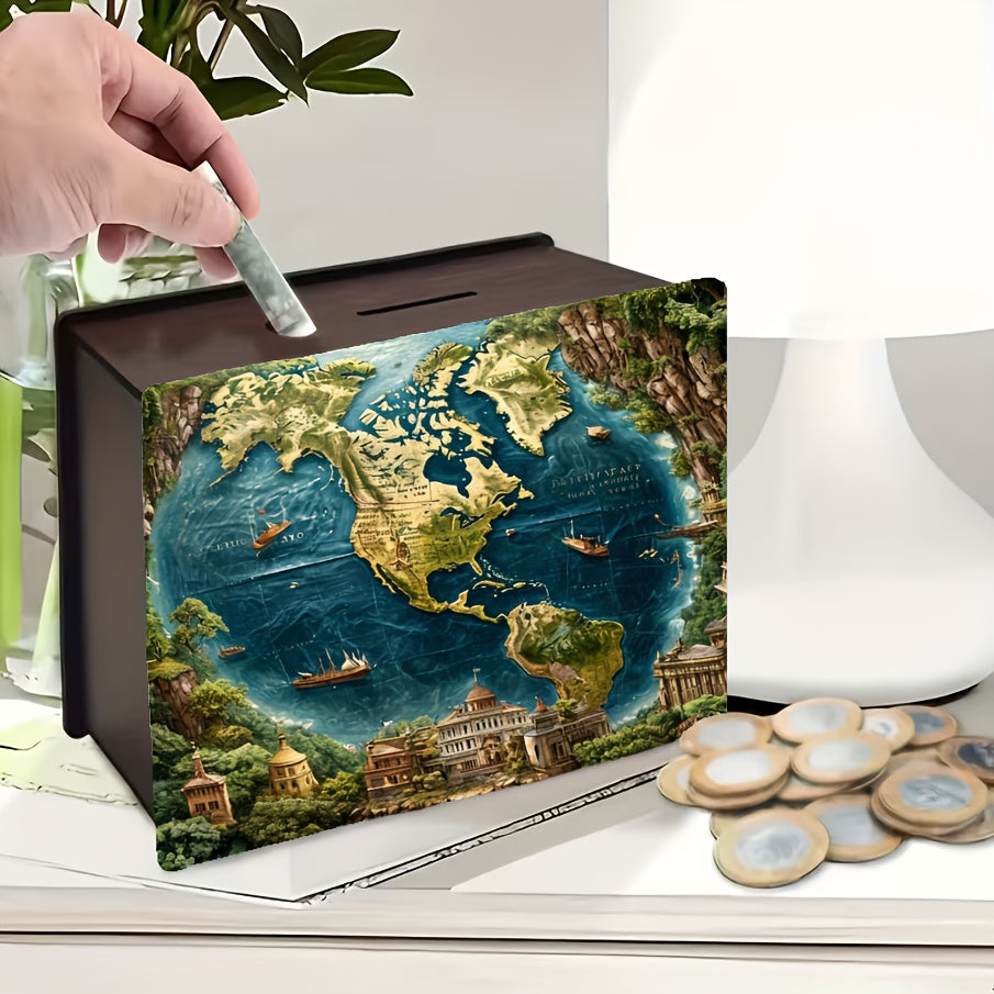 Tirelire coffret en bois, globe peint en relief, large