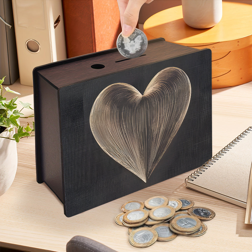 Tirelire coffret en bois, grand motif cœur