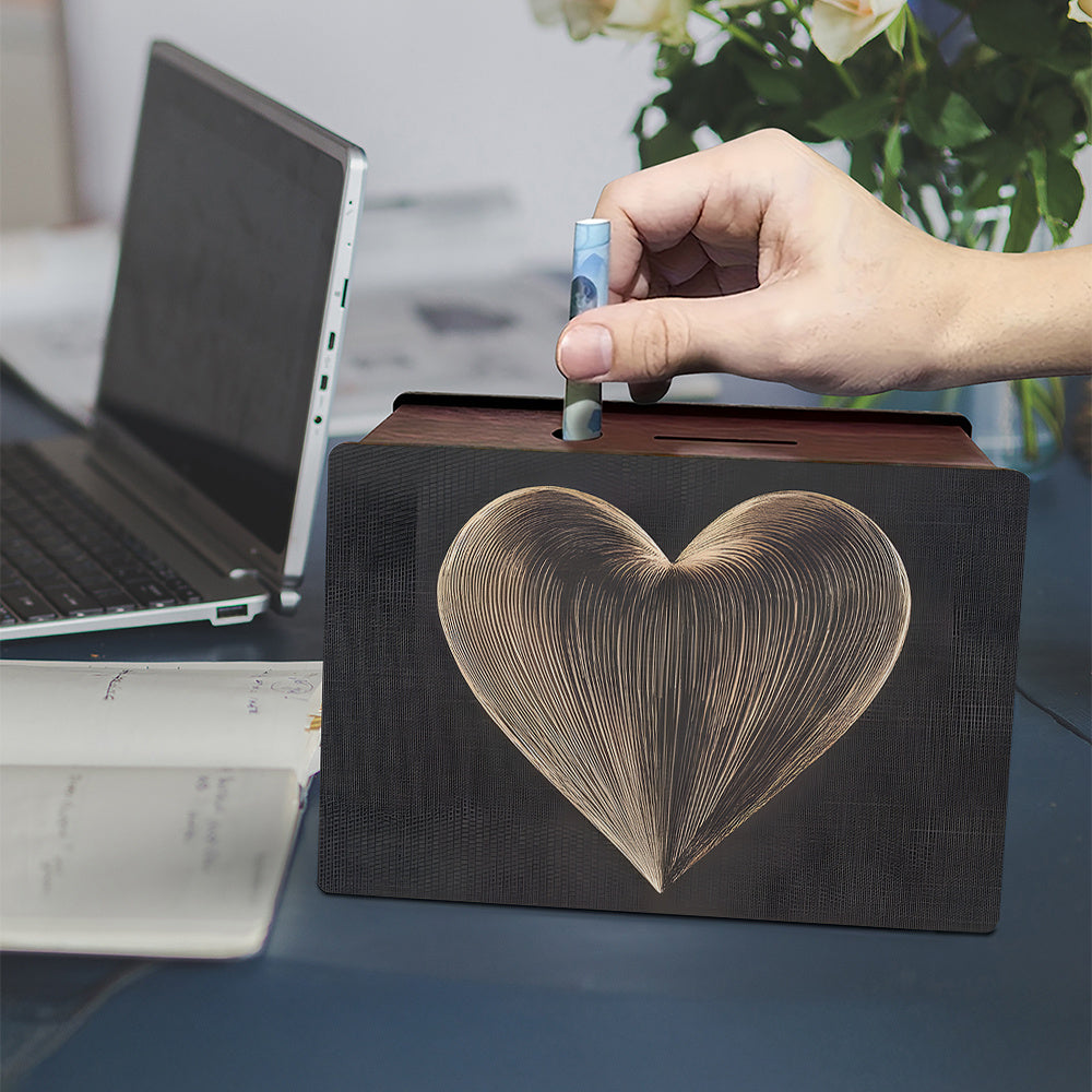 Tirelire coffret en bois, grand motif cœur