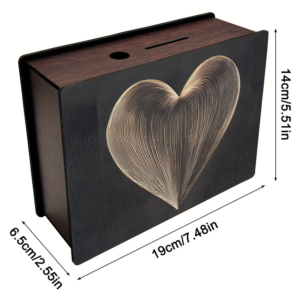 Tirelire coffret en bois, grand motif cœur