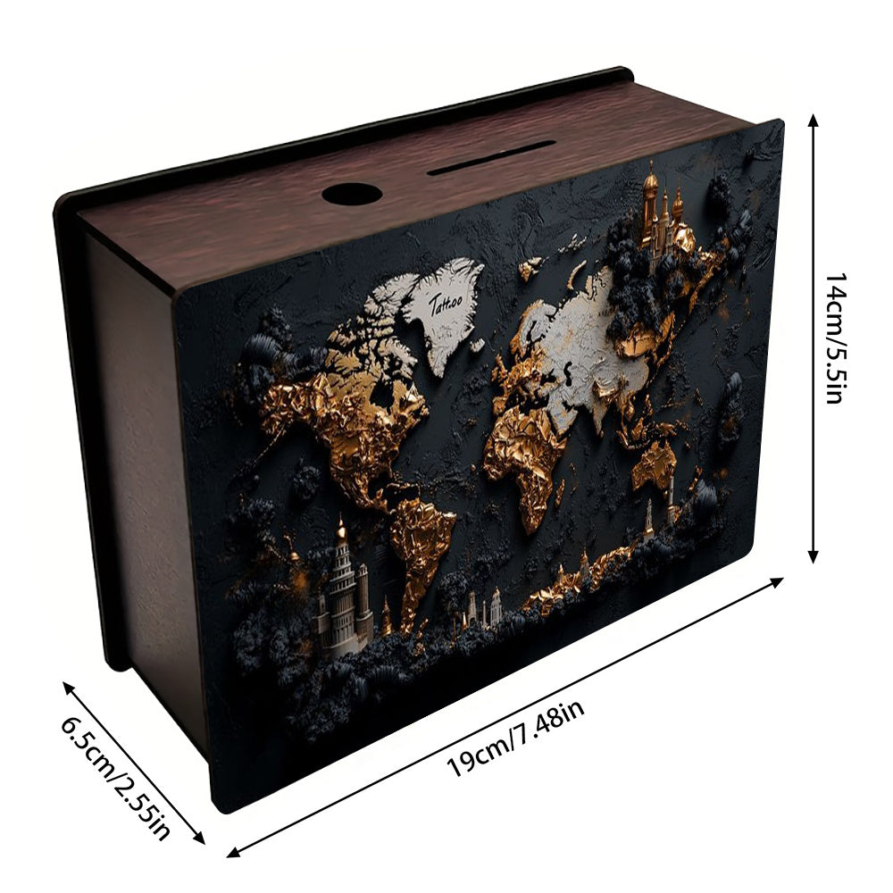 Tirelire coffret bois et or, carte du monde en relief