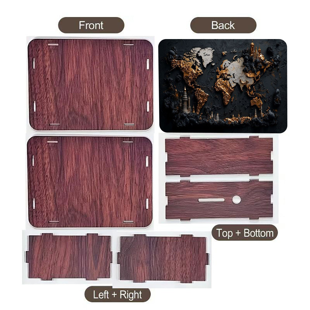 Tirelire coffret bois et or, carte du monde en relief