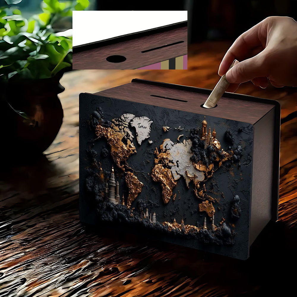 Tirelire coffret bois et or, carte du monde en relief