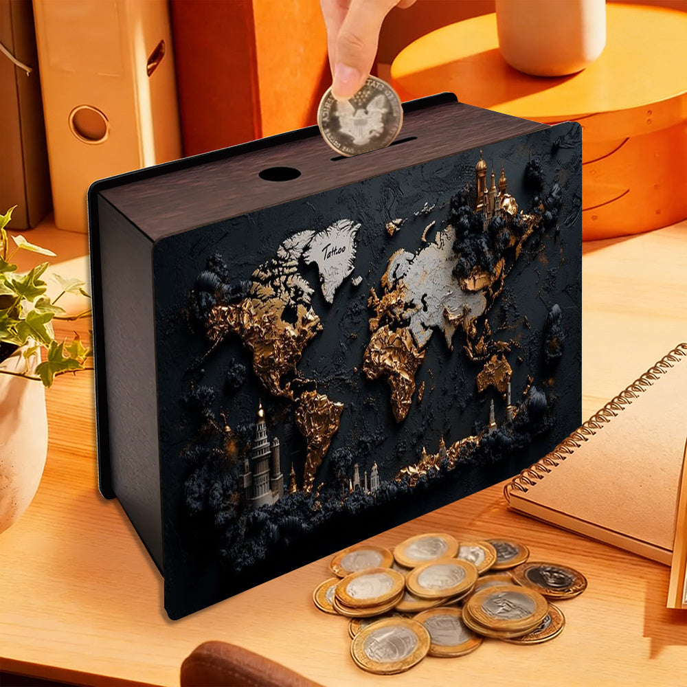 Tirelire coffret bois et or, carte du monde en relief