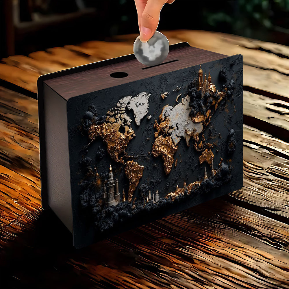Tirelire coffret bois et or, carte du monde en relief