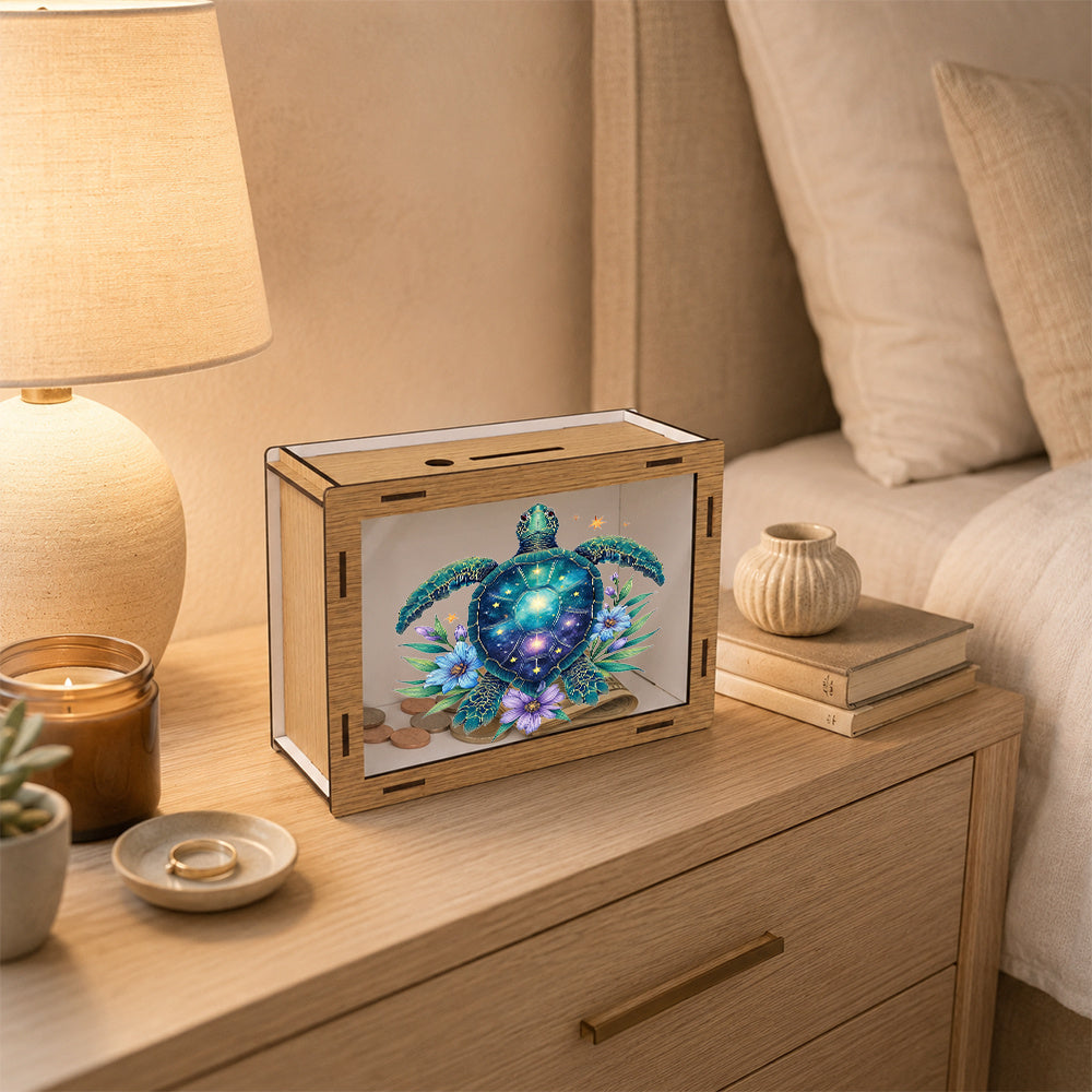 Tirelire coffret bois — Tortue de mer étoilée, 20 cm de large