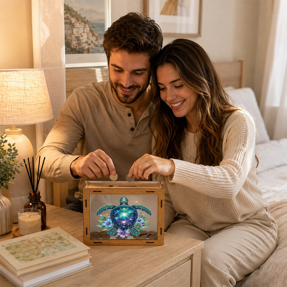 Tirelire coffret bois — Tortue de mer étoilée, 20 cm de large