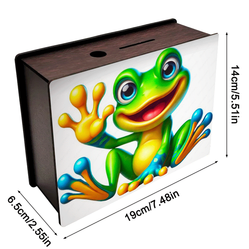 Tirelire grenouille joyeuse — Coffret bois brun, 19x14x6 cm