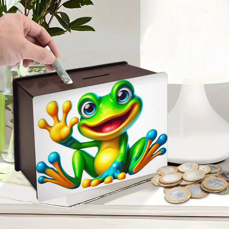 Tirelire grenouille joyeuse — Coffret bois brun, 19x14x6 cm