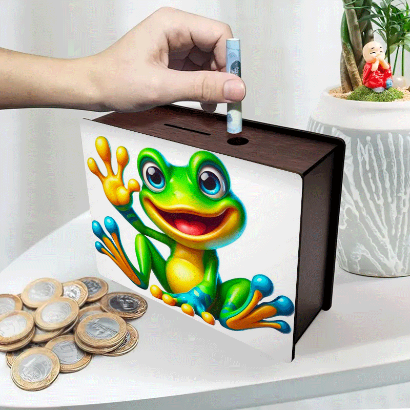 Tirelire grenouille joyeuse — Coffret bois brun, 19x14x6 cm