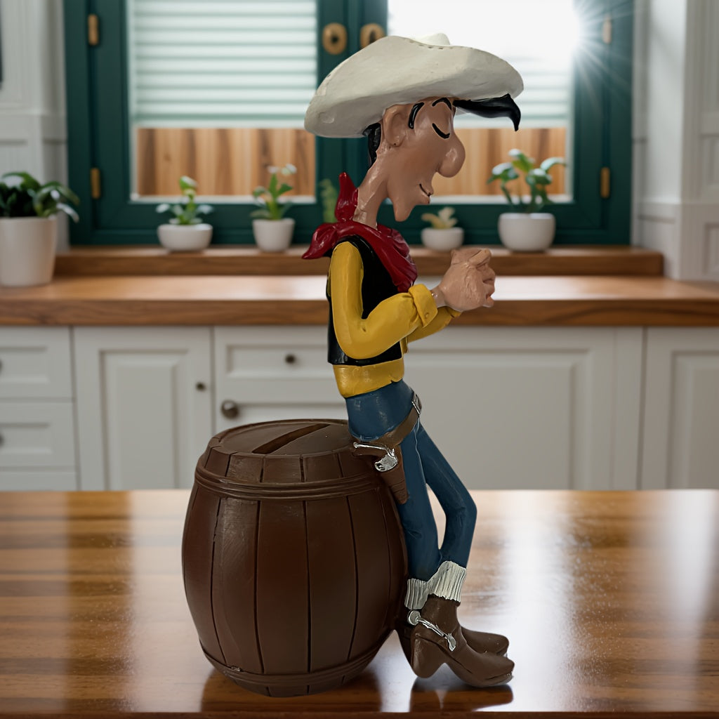 Tirelire cow-boy en résine, figurine assise sur un tonneau