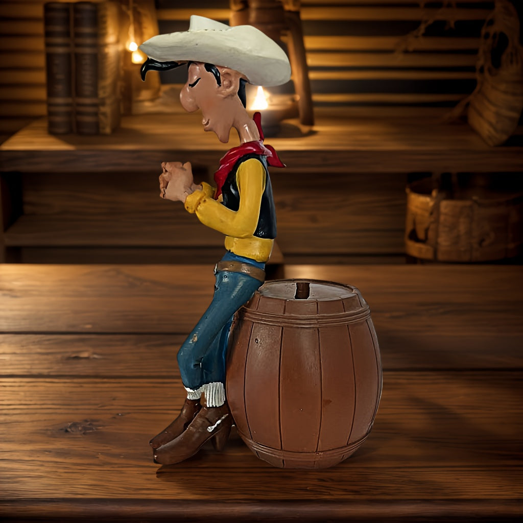Tirelire cow-boy en résine, figurine assise sur un tonneau